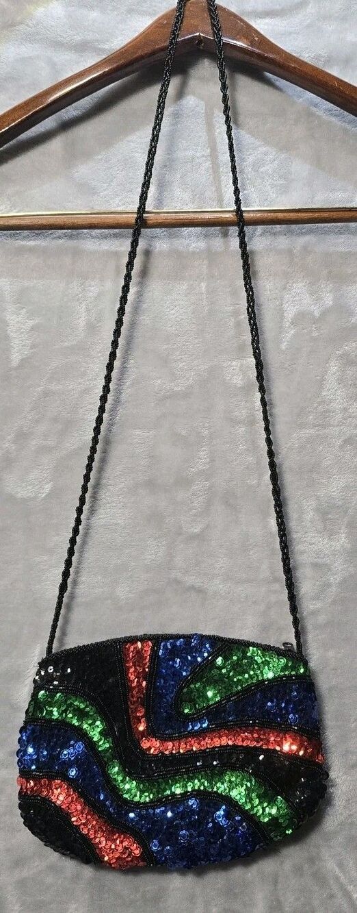 Vtg Andre Celline Purse Multicolor Sequins Evening Bag Metal Chain Strap